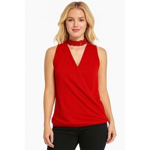 A. Byer BCX Women's Sleeveless Surplice Blouse Red Lace Choker Neck Top Size S